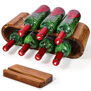 MALLYU Wooden Countertop Wine Racks (8-Bottles 2-Tiers) with A Wood Cell Phone Stand Holder, Small Wine Bottle Rack Shelf Organizer Storage for Home Decor and Wine Gifts, Bar, Cabinet, Pantry