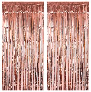 fecedy 2pcs 3ft x 8.3ft rose gold metallic tinsel foil fringe curtains photo booth props for birthday wedding engagement bridal shower baby shower bachelorette holiday celebration party decorations