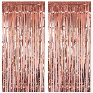 Fecedy 2pcs 3ft x 8.3ft Rose Gold Metallic Tinsel Foil Fringe Curtains Photo Booth Props for Birthday Wedding Engagement Bridal Shower Baby Shower Bachelorette Holiday Celebration Party Decorations