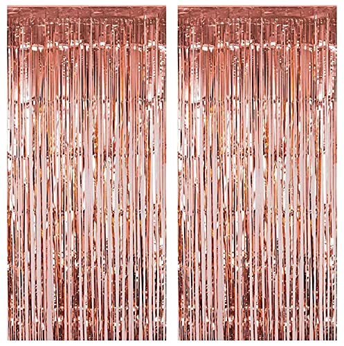 Fecedy 2pcs 3ft x 8.3ft Rose Gold Metallic Tinsel Foil Fringe Curtains Photo Booth Props for Birthday Wedding Engagement Bridal Shower Baby Shower Bachelorette Holiday Celebration Party Decorations