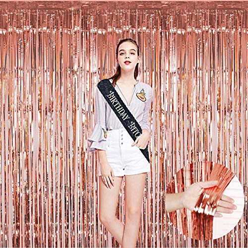 Fecedy 2pcs 3ft x 8.3ft Rose Gold Metallic Tinsel Foil Fringe Curtains Photo Booth Props for Birthday Wedding Engagement Bridal Shower Baby Shower Bachelorette Holiday Celebration Party Decorations