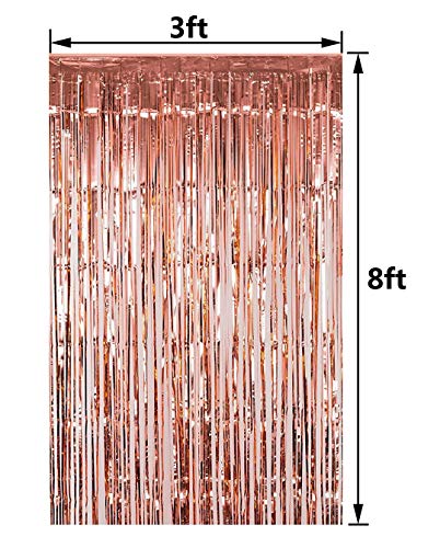 Fecedy 2pcs 3ft x 8.3ft Rose Gold Metallic Tinsel Foil Fringe Curtains Photo Booth Props for Birthday Wedding Engagement Bridal Shower Baby Shower Bachelorette Holiday Celebration Party Decorations