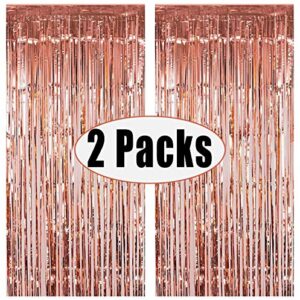 Fecedy 2pcs 3ft x 8.3ft Rose Gold Metallic Tinsel Foil Fringe Curtains Photo Booth Props for Birthday Wedding Engagement Bridal Shower Baby Shower Bachelorette Holiday Celebration Party Decorations