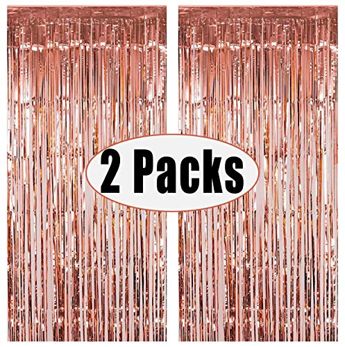 Fecedy 2pcs 3ft x 8.3ft Rose Gold Metallic Tinsel Foil Fringe Curtains Photo Booth Props for Birthday Wedding Engagement Bridal Shower Baby Shower Bachelorette Holiday Celebration Party Decorations