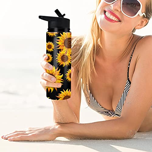 Weboia Sunflower Sports Water Bottle 24 Oz 4 Lids Stainless Steel with Straw Sunlfower Gift for Women Insulated Birthday Christmas Sunlfower Gifts For Friend,Mom,Sister,Daughter