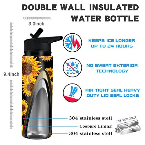 Weboia Sunflower Sports Water Bottle 24 Oz 4 Lids Stainless Steel with Straw Sunlfower Gift for Women Insulated Birthday Christmas Sunlfower Gifts For Friend,Mom,Sister,Daughter