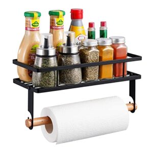 kes paper towel holder with shelf storage wall mount, adhesive paper towel holder with spice holder for kitchen, hanging spice rack, matte black, kph506df-bk