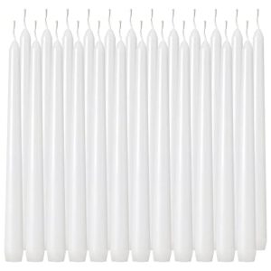 tuyai 24 pack tall white taper candles, 10 inch (h) dripless, unscented dinner candle, smokeless taper candles, paraffin wax with cotton wicks, 8 hours burn time