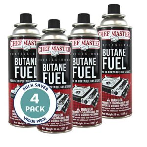 chef master 90340 | pack of 4 butane fuel cylinders| 8oz butane canisters for portable stove | butane torch replacement canisters
