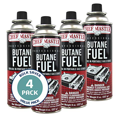 Chef Master 90340 | Pack of 4 Butane Fuel Cylinders| 8oz Butane Canisters for Portable Stove | Butane Torch Replacement Canisters