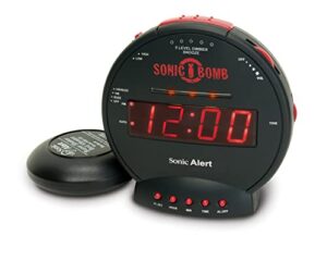 sonic bomb dual extra loud alarm clock with bed shaker, black | sonic alert vibrating, heavy sleepers, battery backup | wake with a shake