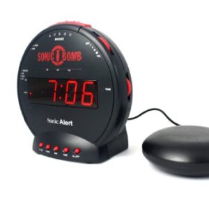 Sonic Bomb Dual Extra Loud Alarm Clock with Bed Shaker, Black | Sonic Alert Vibrating, Heavy Sleepers, Battery Backup | Wake with a Shake