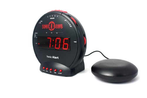Sonic Bomb Dual Extra Loud Alarm Clock with Bed Shaker, Black | Sonic Alert Vibrating, Heavy Sleepers, Battery Backup | Wake with a Shake