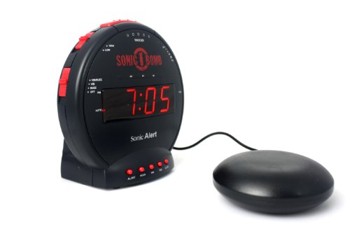 Sonic Bomb Dual Extra Loud Alarm Clock with Bed Shaker, Black | Sonic Alert Vibrating, Heavy Sleepers, Battery Backup | Wake with a Shake