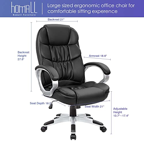 Homall Office Chair High Back Computer Chair Ergonomic Desk Chair, PU Leather Adjustable Height Modern Executive Swivel Task Chair with Padded Armrests and Lumbar Support (Black)