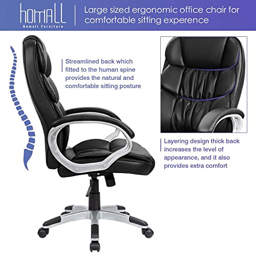 Homall Office Chair High Back Computer Chair Ergonomic Desk Chair, PU Leather Adjustable Height Modern Executive Swivel Task Chair with Padded Armrests and Lumbar Support (Black)