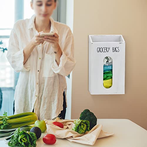 Farmhouse Wooden Grocery Plastic Bag Holder and Dispenser, Wall Mount Plastic Bag Holder with Extra-Wide & Easy-Access Openings, Garbage Bag Dispenser Anti-Fingerprint Rustic White Finish Bags Saver