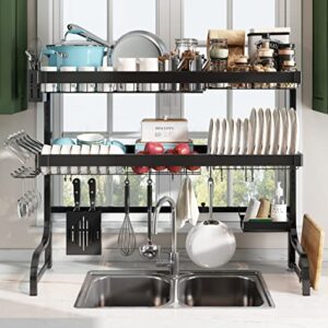 BOOSINY Over Sink Dish Drying Rack 3 Tier Full 304 Stainless Steel Above Sink Dish Drainer for Kitchen Shelf, Expandable Over The Shelf Storage Organization (Black - 25.5"-35.5")