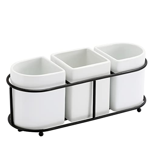 Buyajuju 3 Piece Porcelain Flatware Holder Caddy with Metal Rack, Utensil Holder Caddy For Spoons, Knives and Forks Cutlery Organizer