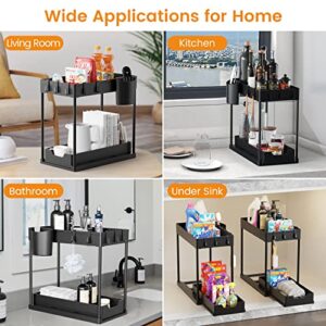 EWU 2 Pack Under Sink Organizers and Storage, 2 Tier Under Sliding Cabinet Basket Organizer Drawer, Multi-purpose Storage Shelf for Kitchen Bathroom Bedroom Office with Hanging Cup and 5 Hooks, Black