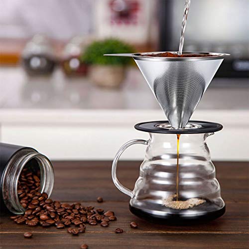 Pour Over Coffee Dripper Stainless Steel LHS Slow Drip Coffee Filter Metal Cone Paperless Reusable Single Cup Coffee Maker 1-2 Cup With Non-slip Cup Stand and Cleaning Brush