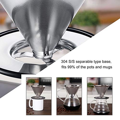 Pour Over Coffee Dripper Stainless Steel LHS Slow Drip Coffee Filter Metal Cone Paperless Reusable Single Cup Coffee Maker 1-2 Cup With Non-slip Cup Stand and Cleaning Brush