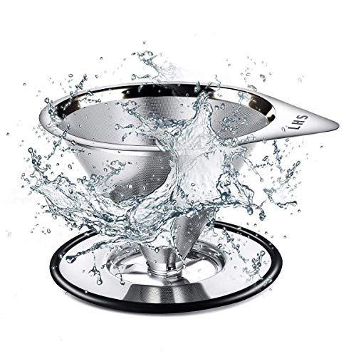 Pour Over Coffee Dripper Stainless Steel LHS Slow Drip Coffee Filter Metal Cone Paperless Reusable Single Cup Coffee Maker 1-2 Cup With Non-slip Cup Stand and Cleaning Brush