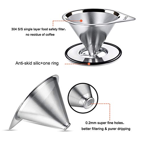 Pour Over Coffee Dripper Stainless Steel LHS Slow Drip Coffee Filter Metal Cone Paperless Reusable Single Cup Coffee Maker 1-2 Cup With Non-slip Cup Stand and Cleaning Brush