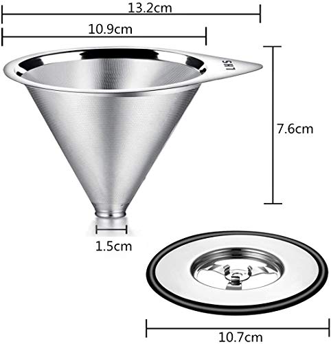 Pour Over Coffee Dripper Stainless Steel LHS Slow Drip Coffee Filter Metal Cone Paperless Reusable Single Cup Coffee Maker 1-2 Cup With Non-slip Cup Stand and Cleaning Brush