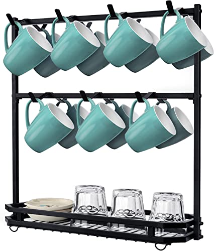 FANGSUN Large Coffee Mug Holder Stand Countertop, Mug Tree Rack for 14 Mugs, 2 Tier Counter Mug Display Storage, Metal Wire Tea Cup Holder for Coffee Station Kitchen Organizer, Not Included Mugs