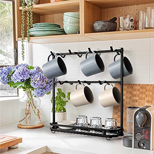 FANGSUN Large Coffee Mug Holder Stand Countertop, Mug Tree Rack for 14 Mugs, 2 Tier Counter Mug Display Storage, Metal Wire Tea Cup Holder for Coffee Station Kitchen Organizer, Not Included Mugs