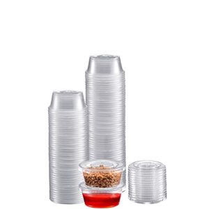 zeml portion cups with lids (2 ounces, 100 pack) | disposable plastic cups for meal prep, portion control, salad dressing, jello shots, slime & medicine | premium small plastic condiment container