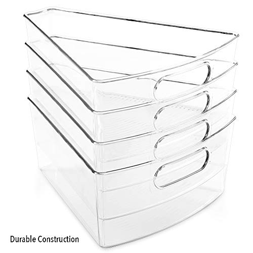 Oubonun Lazy Susan Organizers Set of 4, 10.2”x 9.4”x 4” Plastic Transparent Kitchen Cabinet Storage Bins with Handle, 4" Deep Container, 1/8 Wedge - Food Safe, BPA Free.