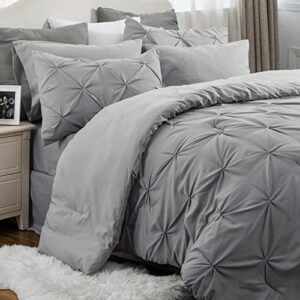 bedsure queen comforter set – bed in a bag queen 8 pieces, pintuck bedding sets grey bed set with comforters, sheets & skirt, pillowcases & shams