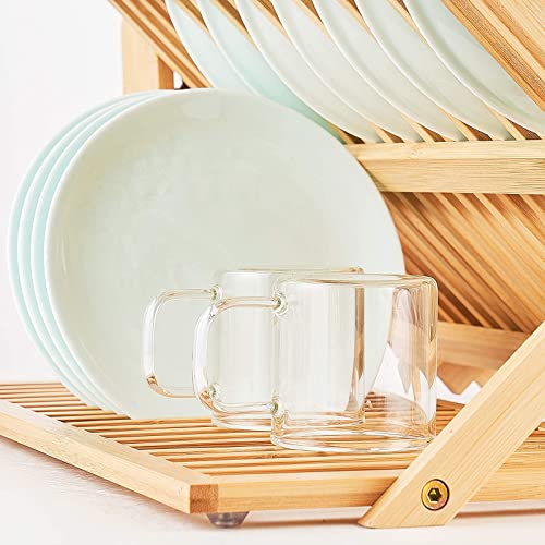 Worthyeah Bamboo Dish Drying Rack, 3 Tier Collapsible Dish Rack with Utensil Holder, Wooden Dish Drying Rack for Kitchen Counter, Large Folding Drying Holder, Dish Drainer