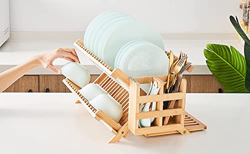 Worthyeah Bamboo Dish Drying Rack, 3 Tier Collapsible Dish Rack with Utensil Holder, Wooden Dish Drying Rack for Kitchen Counter, Large Folding Drying Holder, Dish Drainer