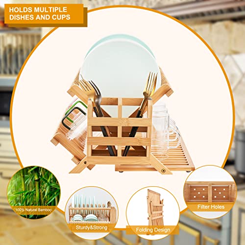 Worthyeah Bamboo Dish Drying Rack, 3 Tier Collapsible Dish Rack with Utensil Holder, Wooden Dish Drying Rack for Kitchen Counter, Large Folding Drying Holder, Dish Drainer