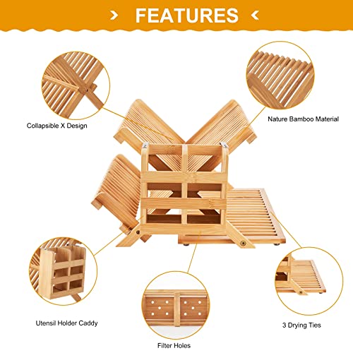 Worthyeah Bamboo Dish Drying Rack, 3 Tier Collapsible Dish Rack with Utensil Holder, Wooden Dish Drying Rack for Kitchen Counter, Large Folding Drying Holder, Dish Drainer