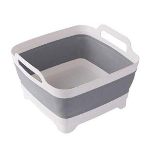leemeimei 9l (2.4gallon) dish basin collapsible with drain plug carry handles ,kitchen storage tray dish wash basin, portable dish tub, foldable dishpan for camping portable dish washing(gray)