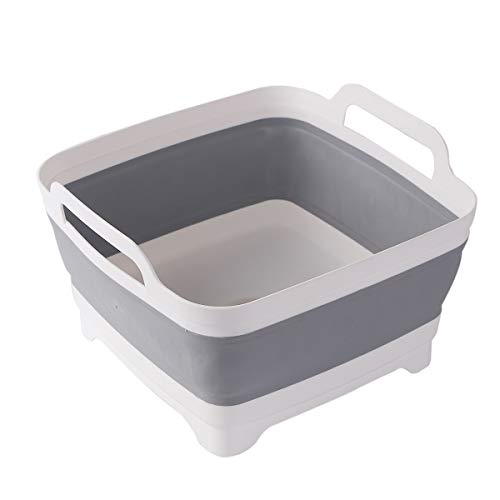 Leemeimei 9L (2.4Gallon) Dish Basin Collapsible with Drain Plug Carry Handles ,Kitchen Storage Tray Dish Wash Basin, Portable Dish Tub, Foldable Dishpan for Camping Portable Dish Washing(Gray)