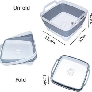 Leemeimei 9L (2.4Gallon) Dish Basin Collapsible with Drain Plug Carry Handles ,Kitchen Storage Tray Dish Wash Basin, Portable Dish Tub, Foldable Dishpan for Camping Portable Dish Washing(Gray)