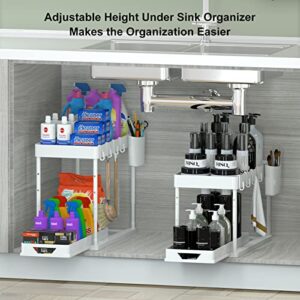 HI NINGER 2 Pack Adjustable Height Under Sink Organizers and Storage, 2Tier Bathroom Organizer Under Sink,Multifunction Kitchen Under Sink Organizer with 8 Hooks and 2 Hanging Cups and16Non-slip mat