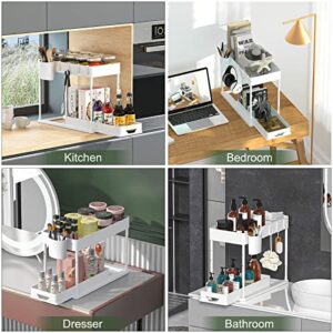 HI NINGER 2 Pack Adjustable Height Under Sink Organizers and Storage, 2Tier Bathroom Organizer Under Sink,Multifunction Kitchen Under Sink Organizer with 8 Hooks and 2 Hanging Cups and16Non-slip mat