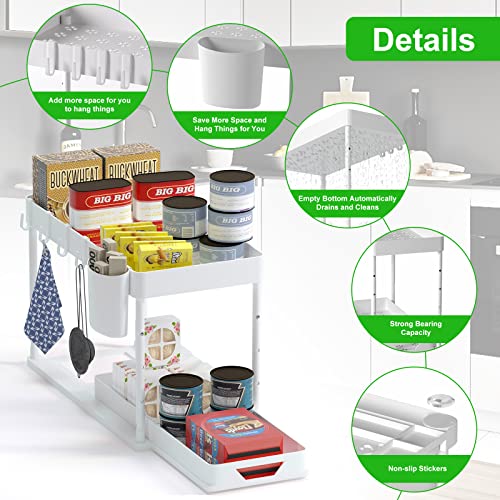 HI NINGER 2 Pack Adjustable Height Under Sink Organizers and Storage, 2Tier Bathroom Organizer Under Sink,Multifunction Kitchen Under Sink Organizer with 8 Hooks and 2 Hanging Cups and16Non-slip mat