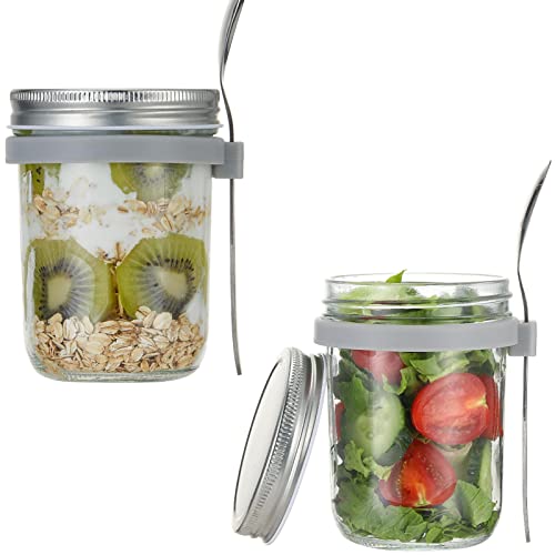 Overnight Oats Containers with Lid and Spoon, 12 oz Glass Oatmeal Container Jars Set of 2, Portable Cups with Wide Mouth Lid, Reusable Leak-Proof On The Go Cups for Cereal Yogurt and Parfait (Silver)