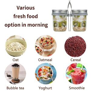 Overnight Oats Containers with Lid and Spoon, 12 oz Glass Oatmeal Container Jars Set of 2, Portable Cups with Wide Mouth Lid, Reusable Leak-Proof On The Go Cups for Cereal Yogurt and Parfait (Silver)