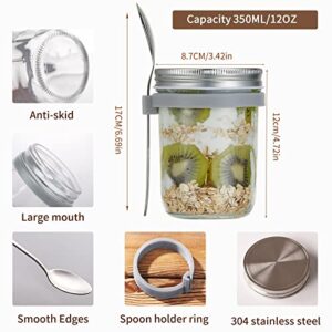 Overnight Oats Containers with Lid and Spoon, 12 oz Glass Oatmeal Container Jars Set of 2, Portable Cups with Wide Mouth Lid, Reusable Leak-Proof On The Go Cups for Cereal Yogurt and Parfait (Silver)