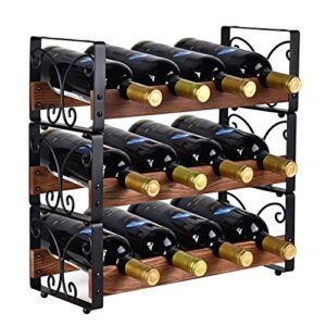 x-cosrack rustic 3 tier stackable wine rack freestanding 12 bottles organizer holder stand countertop liquor storage shelf solid wood & iron 17″ l x 7.2″ w x 16.5″ h-patent design
