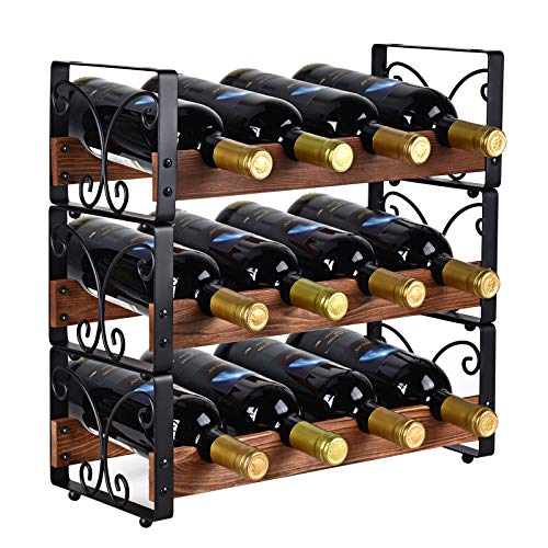 X-cosrack Rustic 3 Tier Stackable Wine Rack Freestanding 12 Bottles Organizer Holder Stand Countertop Liquor Storage Shelf Solid Wood & Iron 17" L x 7.2" W x 16.5" H-Patent Design