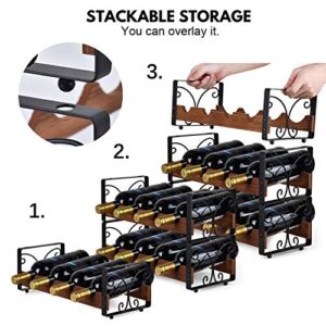 X-cosrack Rustic 3 Tier Stackable Wine Rack Freestanding 12 Bottles Organizer Holder Stand Countertop Liquor Storage Shelf Solid Wood & Iron 17" L x 7.2" W x 16.5" H-Patent Design